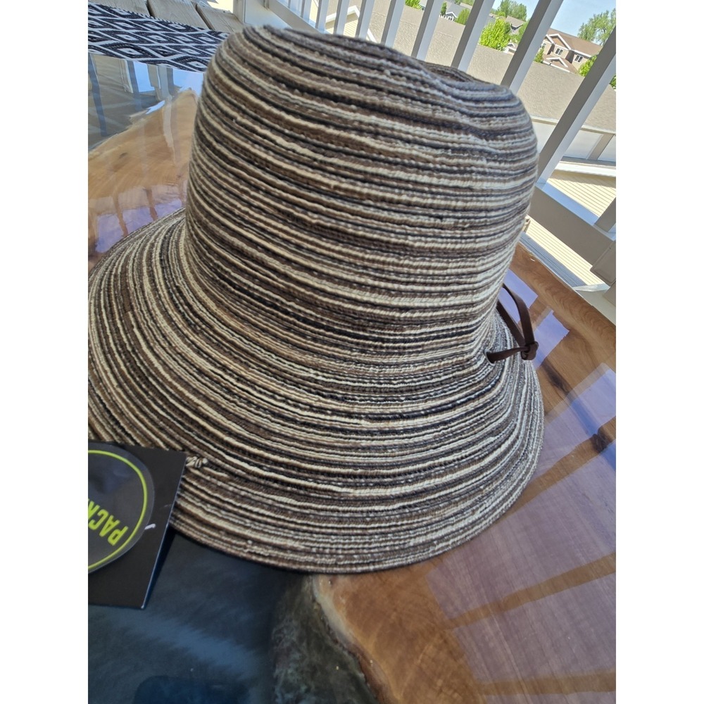 NWT Eddie Bauer Packable Straw Hat L/XL Brown Stripe Wide Brim Sun Hat Travel - Picture 11 of 15